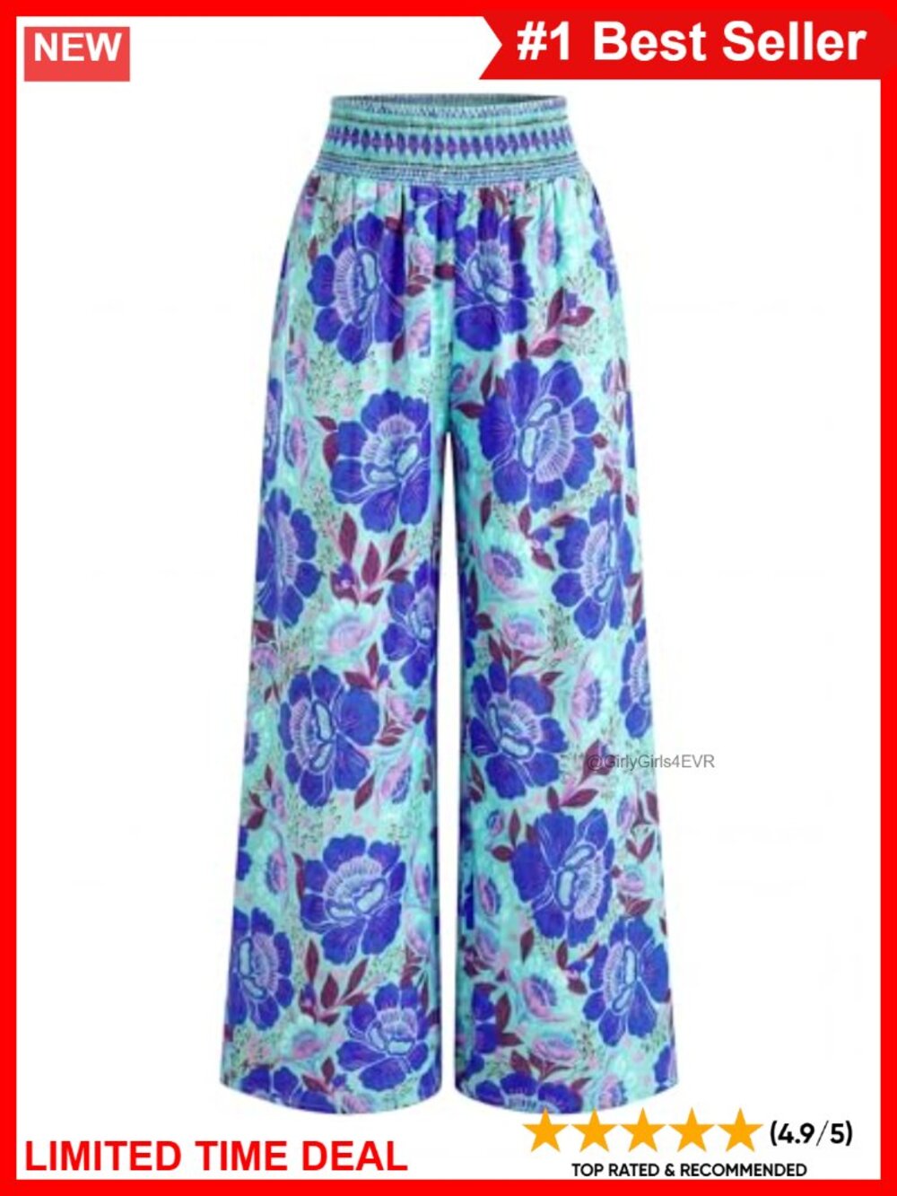 Wide Leg Floral Pants Smocked Waist Loose Fit Beach Vacation